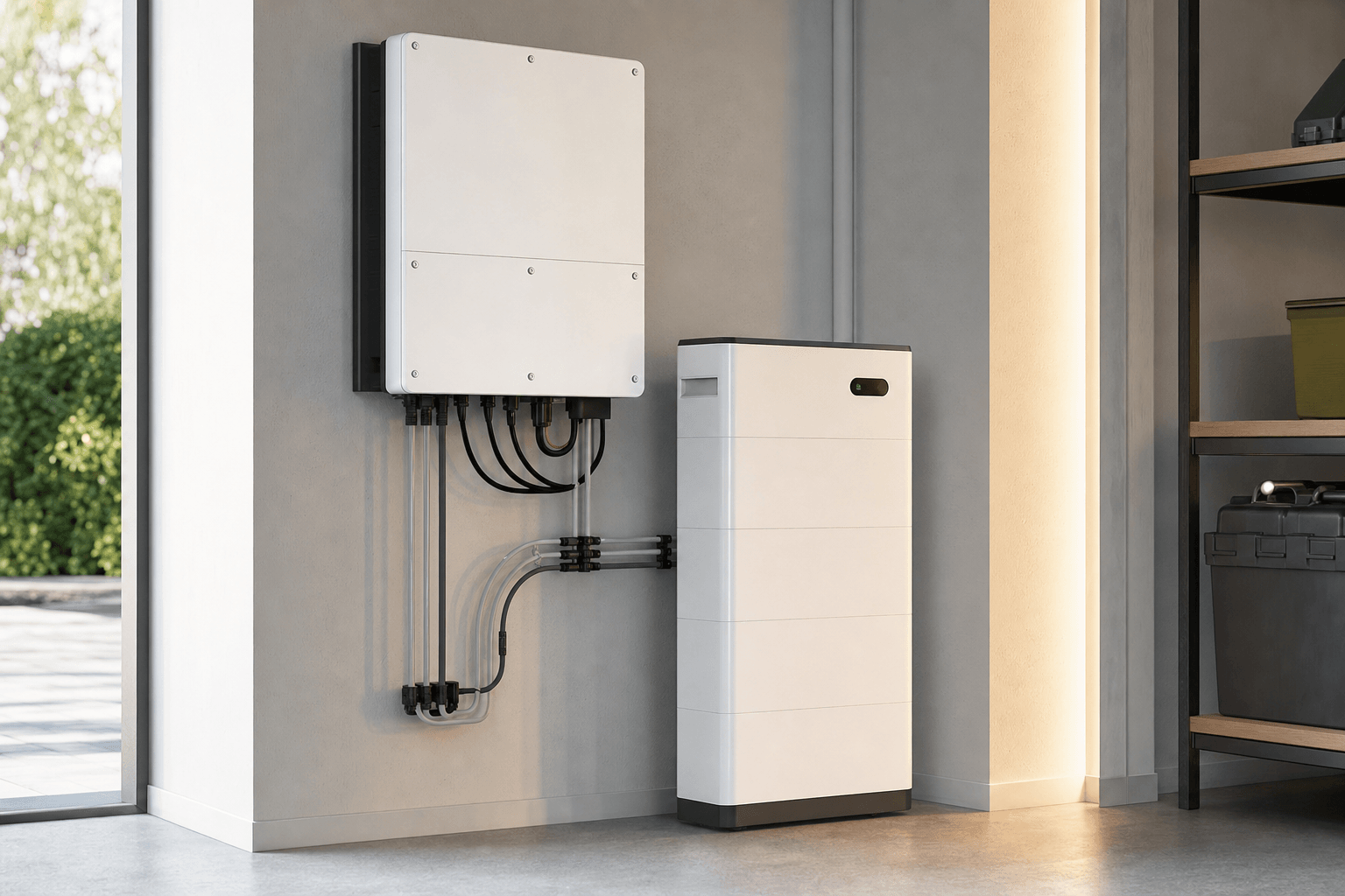 Wandwechselrichter und Batteriespeicher im Hauswirtschaftsraum