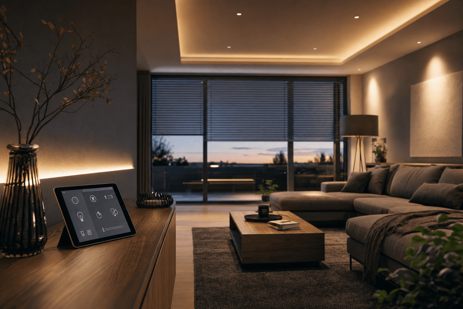 Modernes Wohnzimmer mit intelligenter Beleuchtung und Tablet-Steuerung