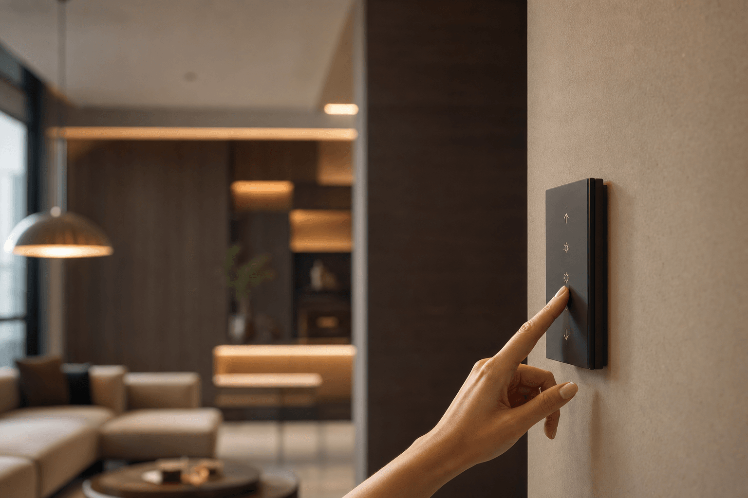 Modernes Wandbedienpanel fuer Smart-Home-Steuerung im warm beleuchteten Wohnraum